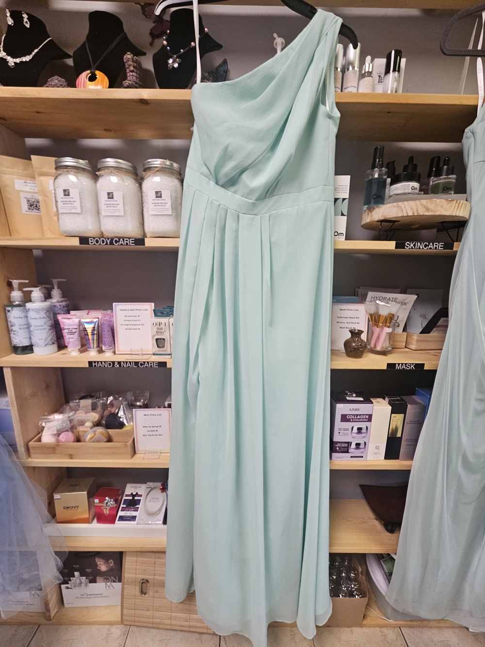 David's Bridal One-Shoulder Chiffon Gown in Mint - Picture 2 of 4